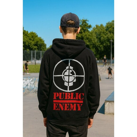 Men's Black White Vintage Y2K Obey X Public Enemy Embroidered Wool Lined Hoodie - Picture 1 of 5